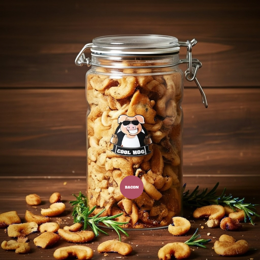 Bacon Flavour Pork Scratching Jar by Cool Hog Snacks featuring a jar filled with bacon-scented pork treats.