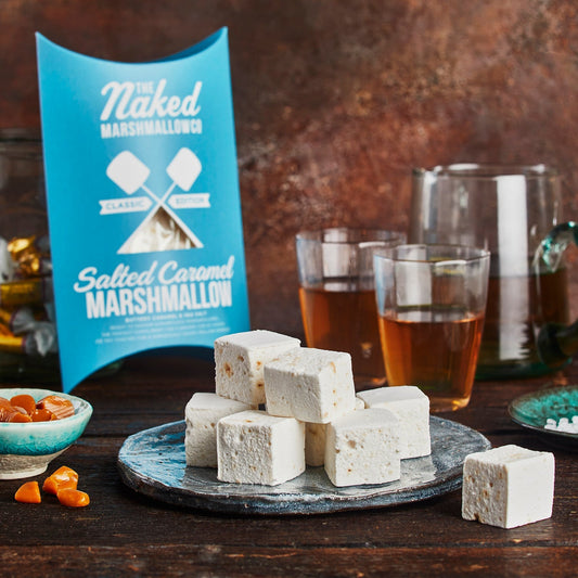Salted caramel gourmet marshmallows by THE MARSHMALLOW FACTORY with visible soft, fluffy marshmallow texture and caramel drizzle.