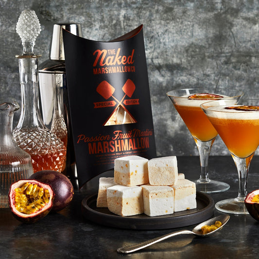 Passion Fruit Martini Gourmet Marshmallows from THE MARSHMALLOW FACTORY, close-up of fluffy, passion fruit flavored marshmallows.