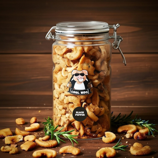 Salt and cracked black pepper flavored pork scratching jar from Cool Hog Snacks, showing the jar with label and pork scratchings inside.
