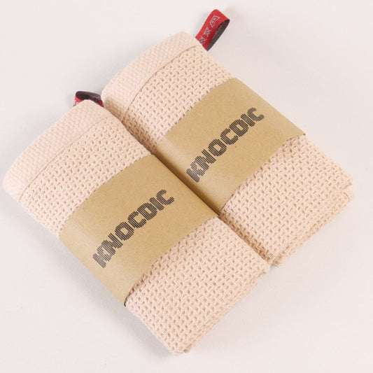 Two 34x34 cm KNOCDIC® premium coffee cloths with barista's choice design, soft fabric for cleaning and brewing.