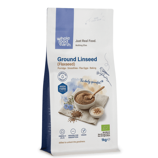 Whole Food Earth Organic Ground Linseed Flaxseed in a resealable food pouch