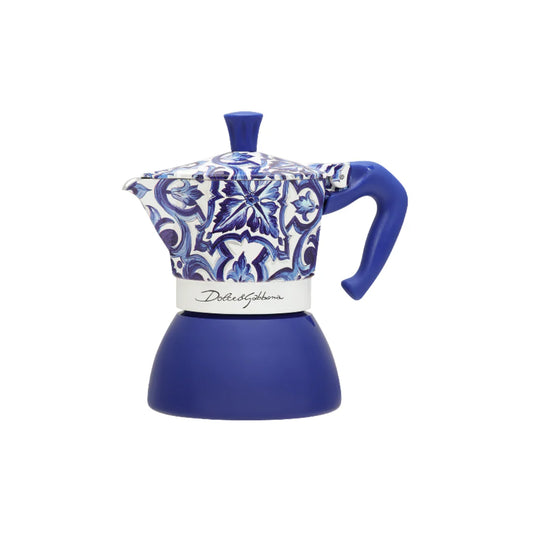 Bialetti X Dolce&Gabbana Blue Mediterranean Moka coffee maker, Bialetti hardware with blue patterned ceramic and metal accents.
