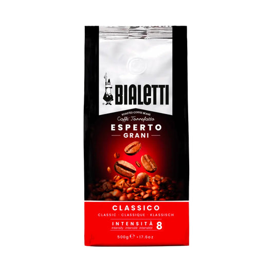 Bialetti Whole Bean Coffee by Brew Italia in a resealable bag, showcasing rich, roasted coffee beans ready for brewing.