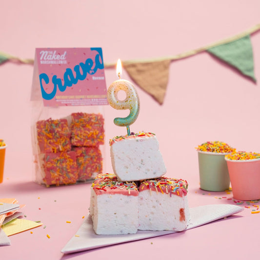 Gourmet birthday cake marshmallows from THE MARSHMALLOW FACTORY, decorated with colorful sprinkles and cake-inspired designs.
