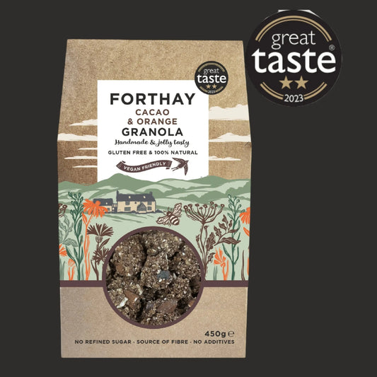 ArtisanBox Selection Forthay Granola with cacao, orange, and baobab in a 450g package, featuring crunchy granola clusters with fruit pieces.