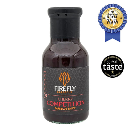 FireFly Barbecue Competition Cherry BBQ Sauce with awards, vibrant red sauce in a jar, highlighting its rich cherry flavor and quality