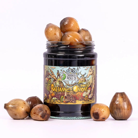 Limited edition Crooked Pickle Co Balsamic Onions, pickled onions with a rich balsamic glaze in a clear jar.
