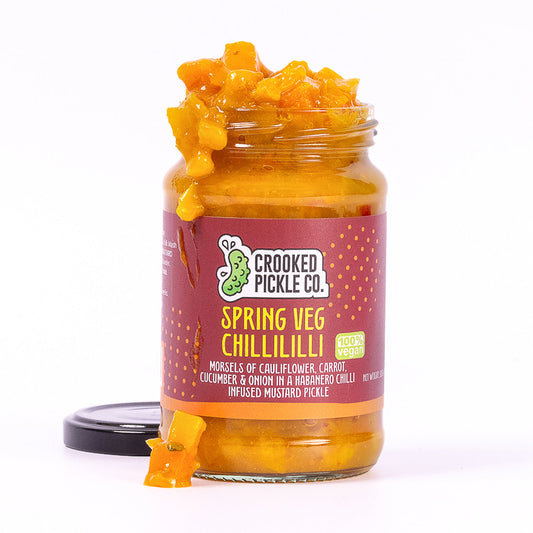 Spicy habanero piccalilli called Spring Veg Chillililli from Crooked Pickle Co, featuring colorful vegetables in a jar.