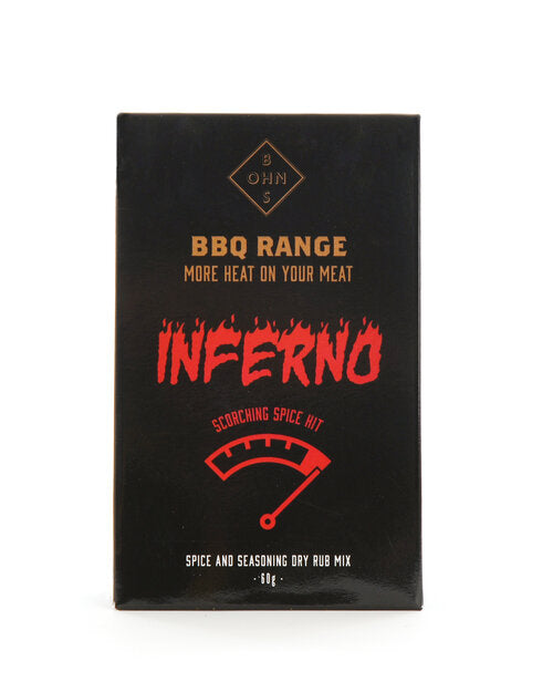 Inferno - BBQ range. More heat on your meat. SCORCHING spice hit.