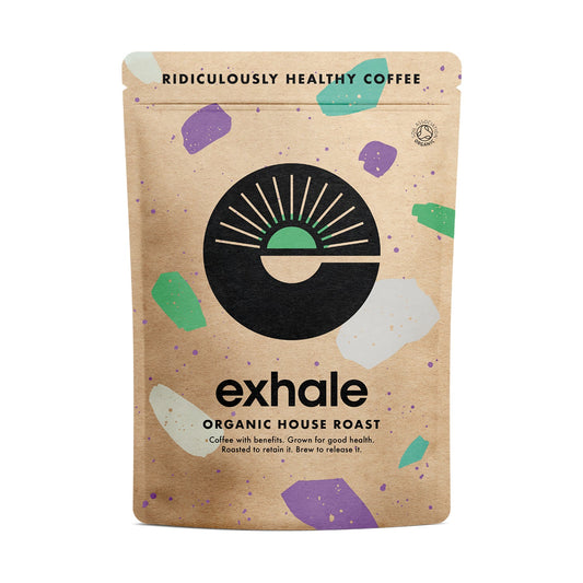 Organic house roast coffee by Exhale Healthy Coffee in a bag with a white background, showcasing the coffee packaging.