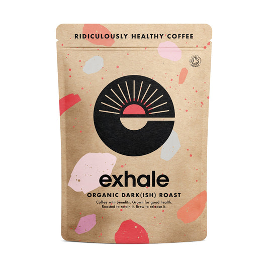 Organic dark roast coffee by Exhale Healthy Coffee, featuring a rich, dark-brewed coffee in a white background.