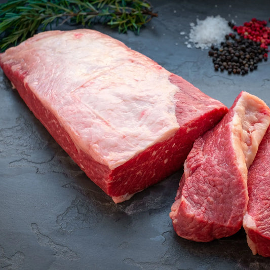 Prime Cornish grass-fed beef brisket flat from Primrose Herd, 2-4kg, showcasing fresh, marbled dry-aged beef ready for cooking.