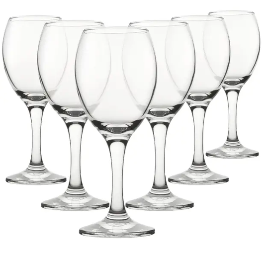 Set of six Glassware UK Pure wine glasses, 310ml capacity, clear glassware with elegant stems for serving wine.