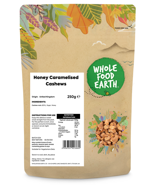Sweet honey caramelized cashews from Whole Food Earth, packed in a 250g bag, showing glossy, golden-brown roasted nuts.