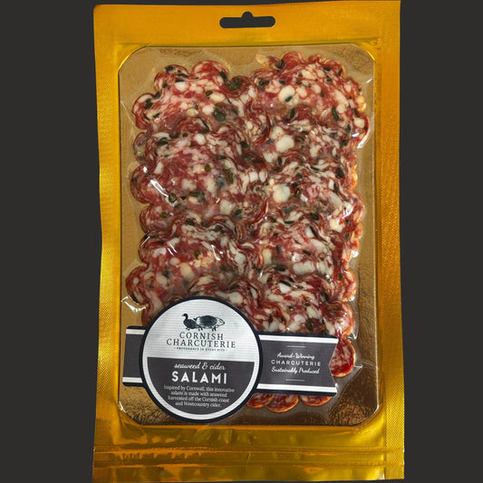 Sliced Cornish Seaweed and Cider Salami from ArtisanBox Selection, a unique Cornish charcuterie with seaweed and cider flavors.