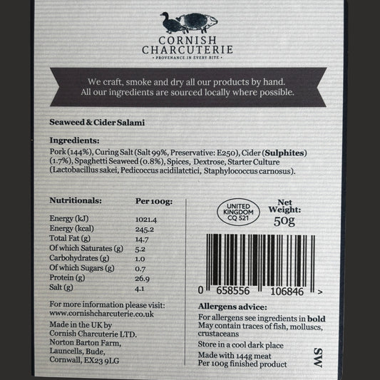 Cornish Charcuterie Sliced Seaweed & Cider Salami 50g