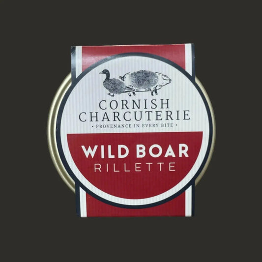 Wild boar rillette from Cornish Charcuterie, 125g, served in a jar with visible shredded meat and herbs, artisan style.