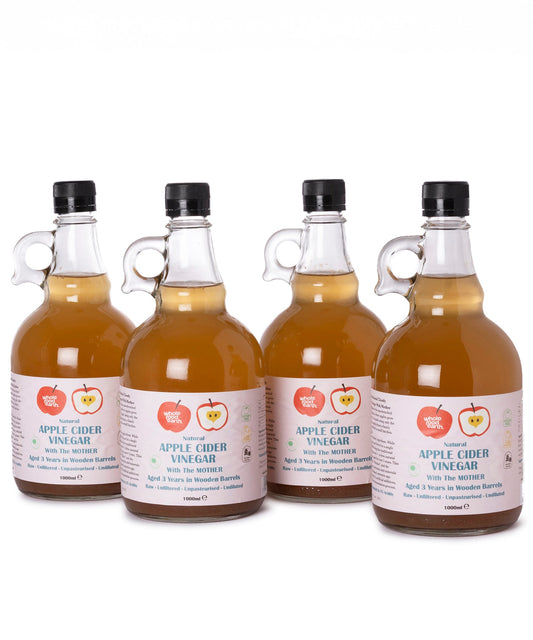 Kent Apple Cider Vinegar by Whole Food Earth, 4 x 1L bottles, raw, unfiltered, with "Mother," GMO-free, unpasteurized vinegar.