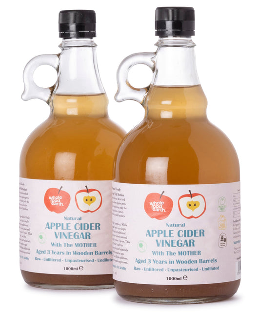 Kent Apple Cider Vinegar by Whole Food Earth, 2x1L bottles with "Mother," raw, unpasteurized, unfiltered, GMO-free vinegar.