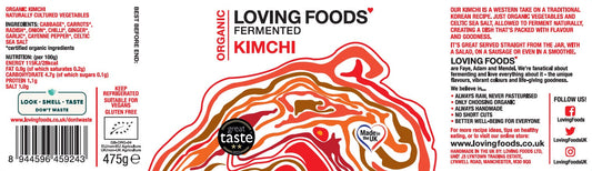 Organic Kimchi from Loving Foods in a 475g jar, showcasing vibrant fermented vegetables with spices and chili flakes.
