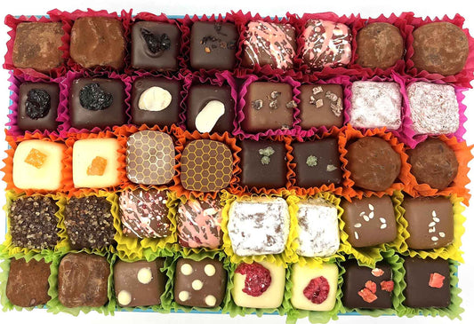 Gorvett & Stone chocolate selection box with assorted chocolates in a gift box display