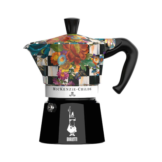 Bialetti X Mackenzie Childs Moka Express coffee maker by Brew Italia, featuring colorful, decorative hardware design.