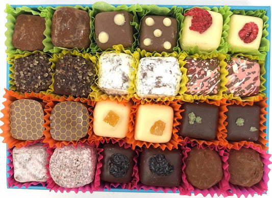 Gorvett & Stone chocolate selection box with assorted chocolates in a gift box, featuring a variety of shapes and flavors.
