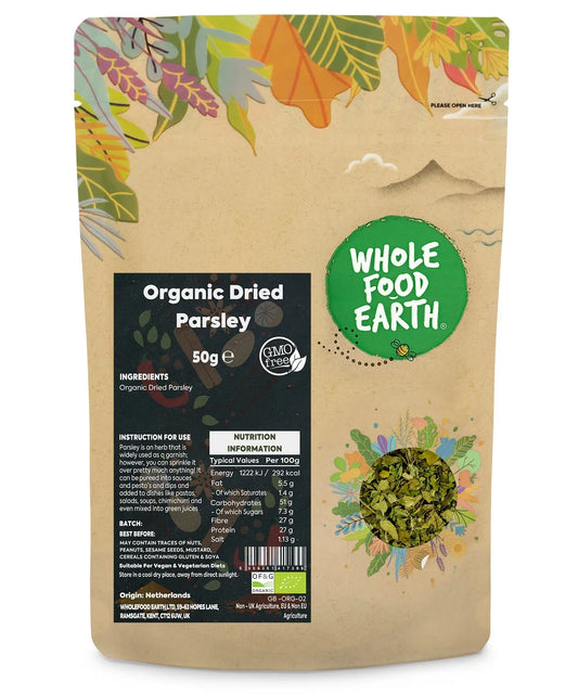 Organic ground parsley from Whole Food Earth, dried herbs and spices, in a 50g package, showing green finely ground parsley.