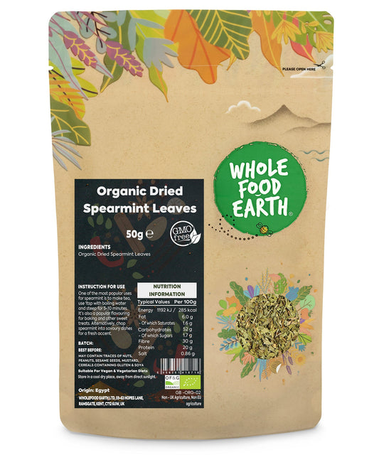 Dried organic spearmint leaves in a 50g package, herb and spice from Whole Food Earth