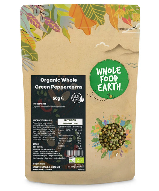 Organic green peppercorns from Whole Food Earth in a 50g package, showcasing fresh, whole green herbs and spices for culinary use.