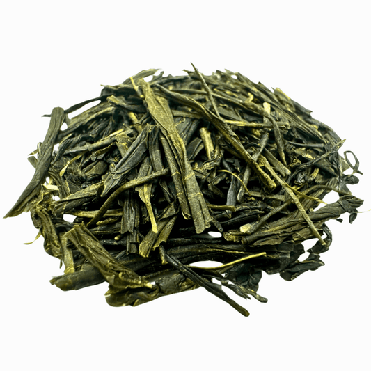 Organic Gyokuro green tea leaves from Porter Hill Tea Company, showcasing fresh, vibrant green tea leaves in a close-up shot.