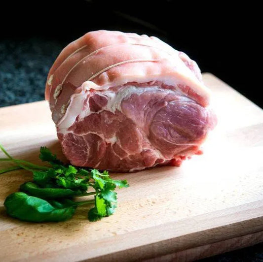 Boneless Cornish outdoor-reared pork collar joint from Primrose Herd, fresh and ready for cooking, 1-4kg.