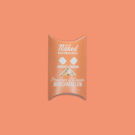Peaches and cream gourmet marshmallows by THE MARSHMALLOW FACTORY, featuring peach and vanilla cream flavored soft marshmallow candies.