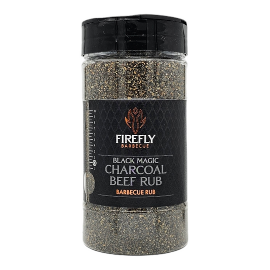 FireFly Barbecue Black Magic Charcoal Beef Rub, a flavorful BBQ rub in a jar with black and white labeling, perfect for grilling.