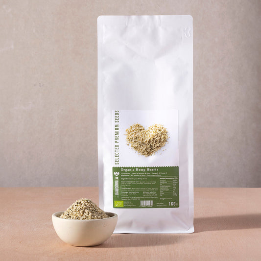 Organic hemp hearts from RAWGORILLA in a 1kg package, whole food earth nuts and seeds product, raw hemp seed hearts for health.