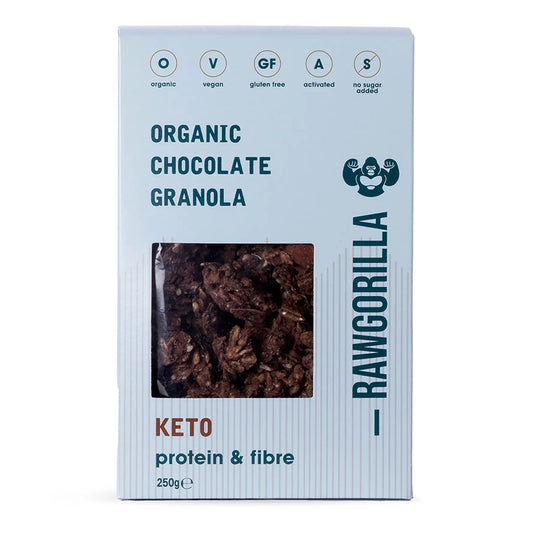 Organic chocolate granola cereal from RawGorilla, featuring clusters of chocolate-flavored granola in a 250g package.