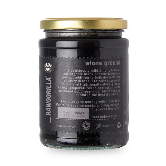 Creamy black sesame tahini from RawGorilla, organic and raw, in a jar ideal for dips and spreads by Whole Food Earth.