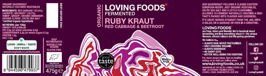 Organic Loving Foods Ruby Kraut in a 475g jar, vibrant fermented sauerkraut with ruby red cabbage and natural ingredients.