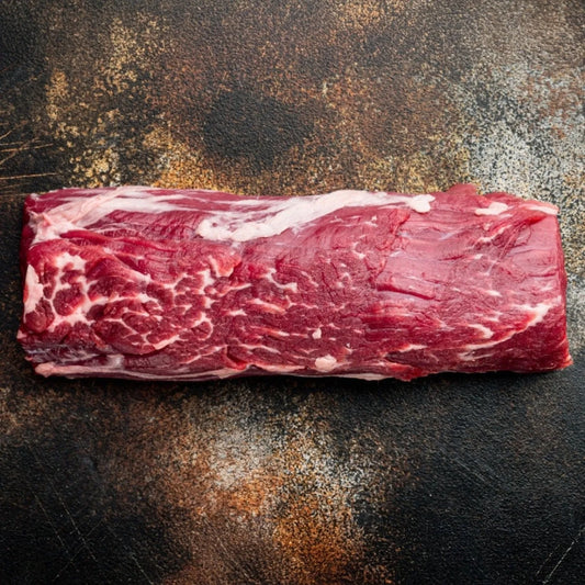 Primrose Herd beef fillet showing a tender, fresh cut of beef fillet with marbling and bright red color on a clean surface.