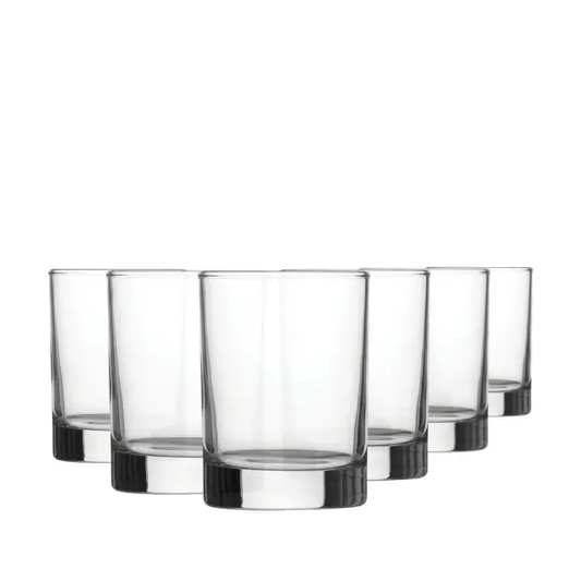 Set of six 170ml Glassware UK whisky tumblers made of clear glass, featuring a sleek, rounded design perfect for enjoying spirits.