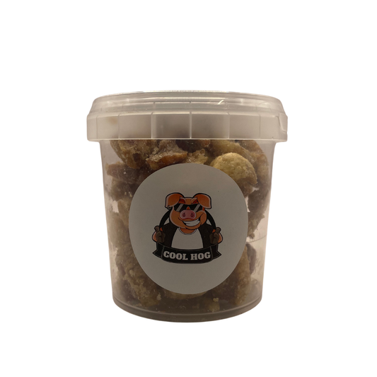 Cool Hog Snacks Pork Scratching Taster Tubs with crispy, golden pork scratchings in a clear tub, perfect for snack tasting.