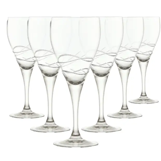 Six Turing Crystalite wine glasses with 280ml capacity, clear glassware from Glassware UK, displayed on a neutral background.