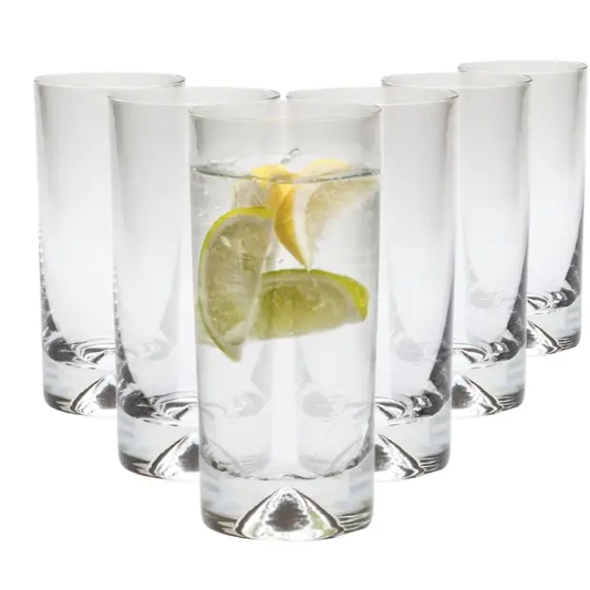 Set of six Krosno Dimple Base highball glasses, 300ml whisky tumblers with textured dimpled design, made by Glassware UK.