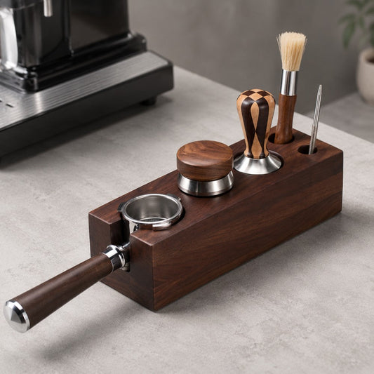 KNOCDIC® wooden espresso tool station with portafilter, tamper, distributor, and brush for barista coffee setup.