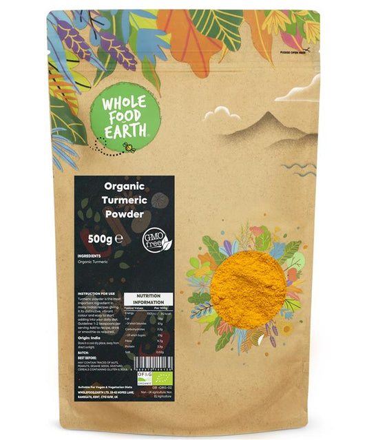 Organic turmeric powder from Whole Food Earth, ground bright yellow spice in a glass jar, used for cooking and health benefits.