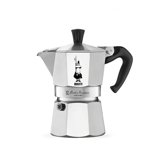 Bialetti Moka Express stovetop coffee maker with polished aluminum body and black handle, used for brewing espresso-style coffee.