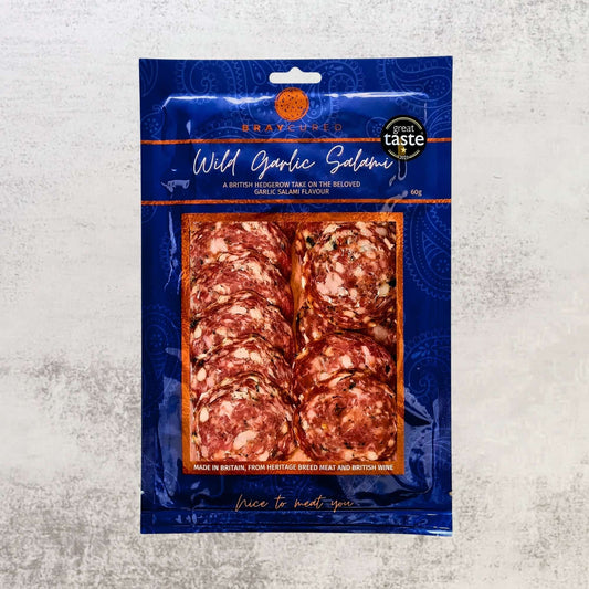 Bray Cured Wild Garlic Salami pack featuring sliced charcuterie with visible wild garlic herbs on the front.