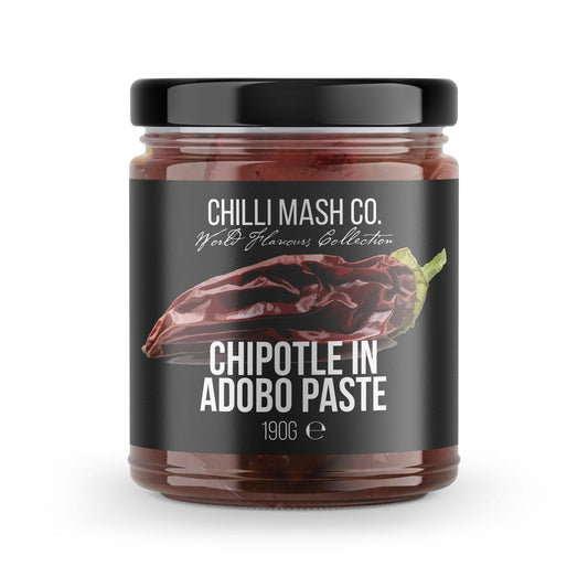 Chipotle in adobo paste from Chilli Mash Co., 190g jar, showcasing smoky chili mash with vibrant red sauce and label detail.