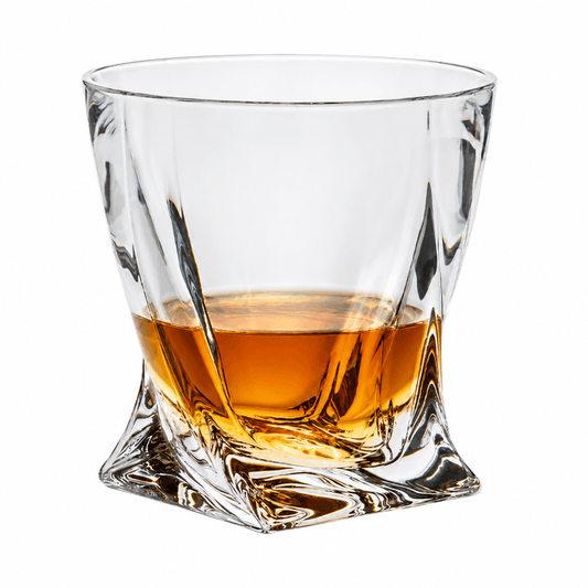 Apex Twist Crystalite whisky tumbler filled with whisky, 340ml capacity, clear glass with a twisted design, by Glassware UK.